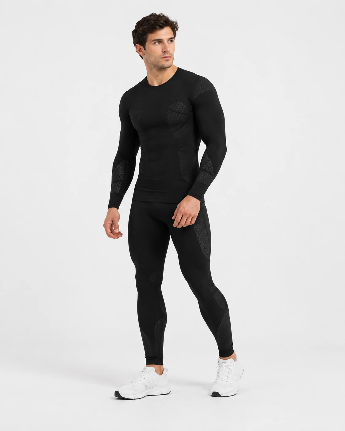 Men's custom compression training apparel including fitted performance top and leggings